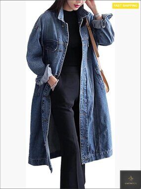 Classic Denim Trench Coat Oversized Loose Fit Long Sleeve Button Down Jacket